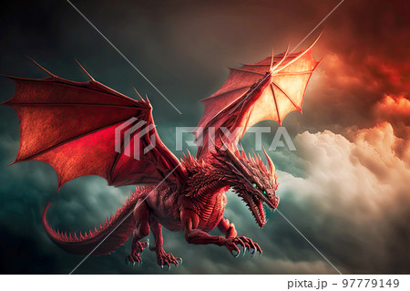 Chinese fancy red dragons fly in sky above clouds 97779149