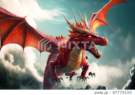 Chinese fancy red dragons fly in sky above clouds Chinese fancy red dragons fly in sky above clouds 97779150