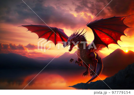 Traditional oriental red dragons against backdrop of sunset and mountains Traditional oriental red dragons against backdrop of sunset and mountains 97779154
