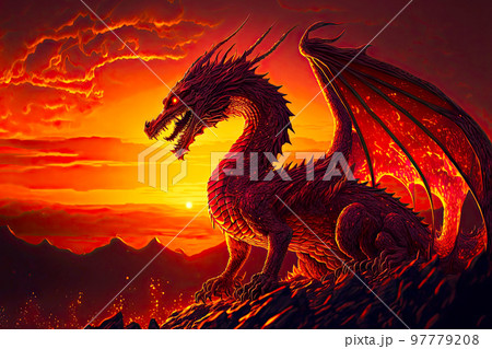 Fabulous red dragons stand on mountain spreading their wings against backdrop of sunset 97779208
