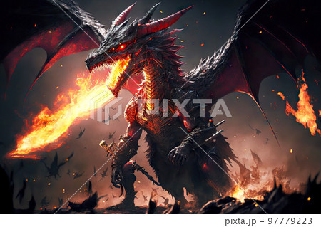 Huge mystical red dragons with wings and fiery...のイラスト素材 [97779223] - PIXTA