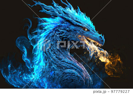 Fabulous fiery red dragons with glowing eyes on dark background Fabulous fiery red dragons with glowing eyes on dark background 97779227
