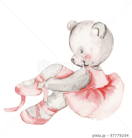 Watercolor hand drawn of brown bear ballerina in pink dress. Cute dancing mice, watercolor illustration, animal with cartoon character. Perfect for greeting card, print design, wedding invitation. 97779284