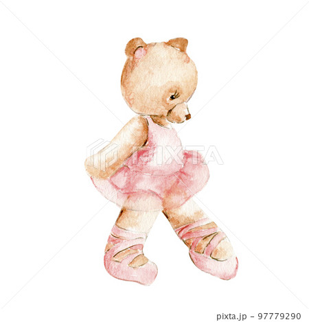Watercolor hand drawn of brown bear ballerina in pink dress. Cute dancing mice, watercolor illustration, animal with cartoon character. Perfect for greeting card, print design, wedding invitation. 97779290