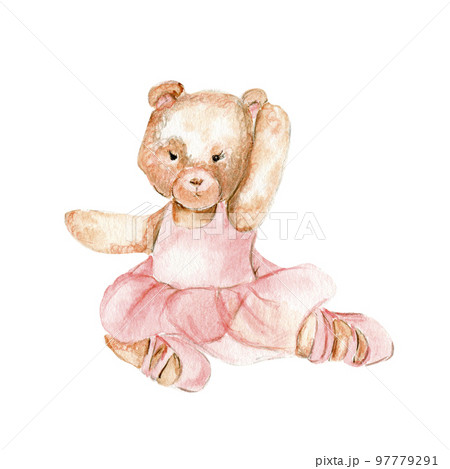 Watercolor hand drawn of brown bear ballerina in pink dress. Cute dancing mice, watercolor illustration, animal with cartoon character. Perfect for greeting card, print design, wedding invitation. 97779291