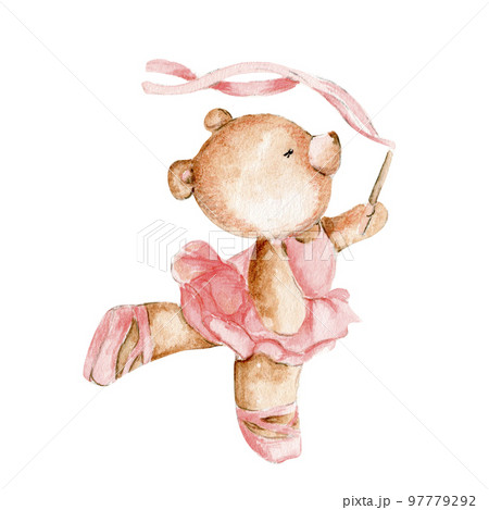 Watercolor hand drawn of brown bear ballerina in pink dress. Cute dancing mice, watercolor illustration, animal with cartoon character. Perfect for greeting card, print design, wedding invitation. 97779292