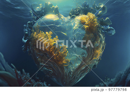 Concept Art Heart Shaped Jelly Surrounded by Seaweed Floating in the Ocean 97779798