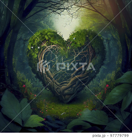 Concept Art Heart Shaped Tree with Branches Surrounded by Moss in the Middle of a Forest 97779799