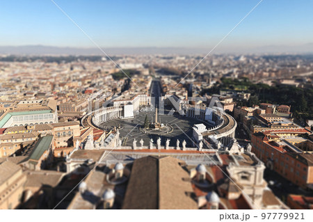 Italy, Rome, Vatican, St. Peter's Cathedral, top view of the square, main square, city panorama. Italy, Rome, Vatican, St. Peter's Cathedral, top view of the square, main square, city panorama. 97779921