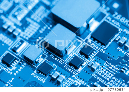 Close up of electronic components on the motherboard, microprocessor chip Close up of electronic components on the motherboard, microprocessor chip 97780634