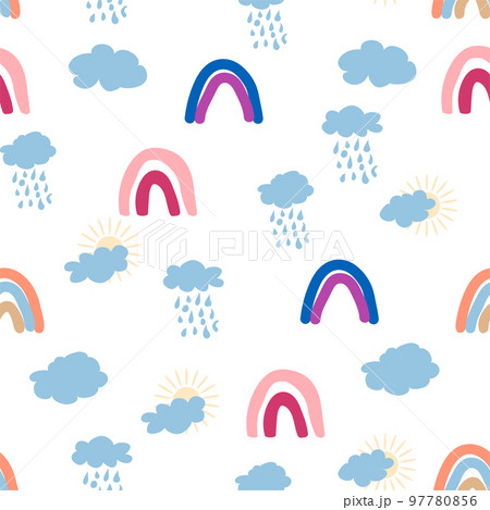 Rainbow, cloud, sun seamless pattern for newborns. Cute and delicate design for the youngest children 97780856