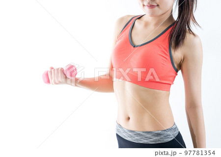 腹筋女 ダンベルで鍛える筋トレ女子 腹筋が綺麗な女性 上半身 顔無し トリミングアップの写真素材 [97781354] - PIXTA