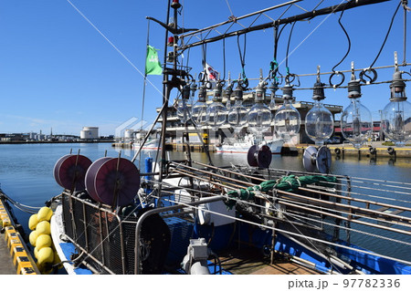 Squid fishing fishing boat Shonai beach, - Stock Photo