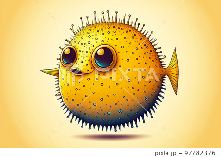 Picture swollen like ball yellow puffer fish with sharp spikes 97782376