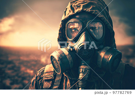radiation hazard and man in protective suit and gas mask radiation hazard and man in protective suit and gas mask 97782769