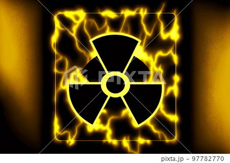 Yellow-lit black sign as radiation hazard symbol Yellow-lit black sign as radiation hazard symbol 97782770