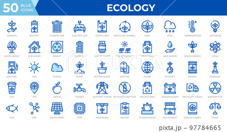 Set of 50 Ecology web icons in line blue style. Recycling, biology, renewable energy. Outline icons collection. Vector illustration 97784665
