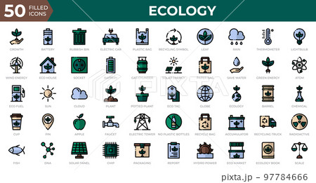 Set of 50 Ecology web icons in filled outline style. Recycling, biology, renewable energy. Filled outline icons collection. Vector illustration 97784666