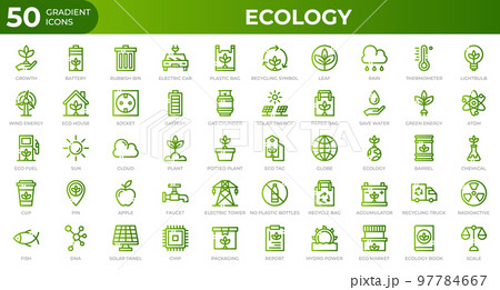 Set of 50 Ecology web icons in gradient style. Recycling, biology, renewable energy. Gradient icons collection. Vector illustration 97784667