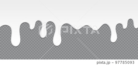Seamless pattern of milk dripping. Milk or white liquid dripping. Beautiful background. Realistic design. Dessert background with milk. Banner seamless pattern. Vector illustration 97785093