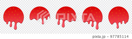 Set of strawberry drops. Dripping melted strawberry. Realistic melted strawberry. Strawberry drops. Melting strawberry. Red liquid dessert, sweet drip melt. Vector illustration Set of strawberry drops. Dripping melted strawberry. Realistic melted strawberry. Strawberry drops. Melting strawberry. Red liquid dessert, sweet drip melt. Vector illustration 97785114