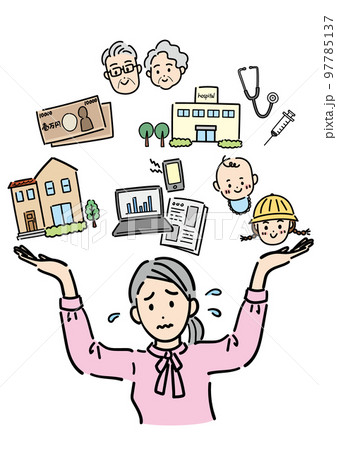 育児や仕事でいっぱいいっぱいの働く女性 97785137