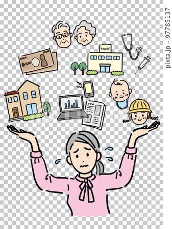 育児や仕事でいっぱいいっぱいの働く女性 97785137