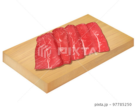 木のプレートに載せた牛肉の新鮮で美味しそうなリアルテイストの手描きイラスト 97785250