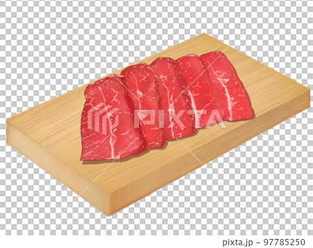 Fresh and delicious realistic hand-drawn illustration of beef on a wooden plate 97785250