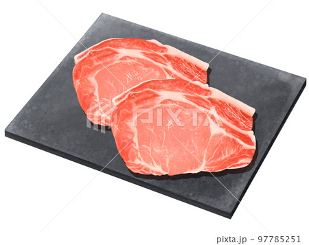 オシャレな黒のプレートに載った豚ロース肉の美味しそうでリアルテイストの手描きイラスト 97785251