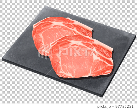 Delicious and realistic hand-drawn illustration of pork loin on a stylish black plate 97785251