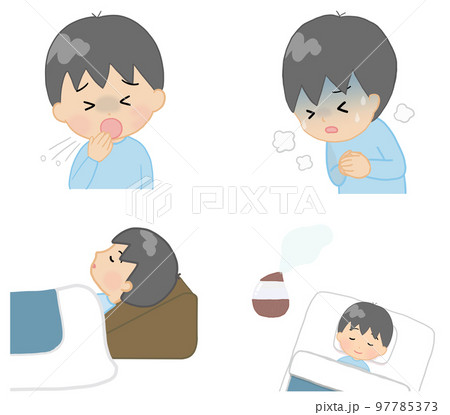 咳がひどい子どもとケア方法のセットのイラスト素材 [97785373] - PIXTA