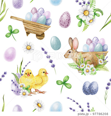 Easter flower festive seamless pattern. Watercolor illustration. Hand drawn bunny, chicks, colored eggs, spring garden flowers seamless pattern. Easter decoration traditional elements 97786208