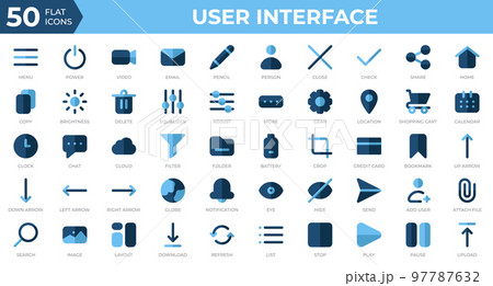 Set of 50 User Interface icons in flat style. Menu, calendar, clock. Flat icons collection. Vector illustration Set of 50 User Interface icons in flat style. Menu, calendar, clock. Flat icons collection. Vector illustration 97787632