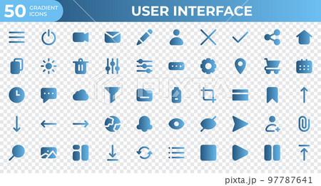 Set of 50 User Interface icons in gradient style. Menu, calendar, clock. Gradient icons collection. Vector illustration Set of 50 User Interface icons in gradient style. Menu, calendar, clock. Gradient icons collection. Vector illustration 97787641