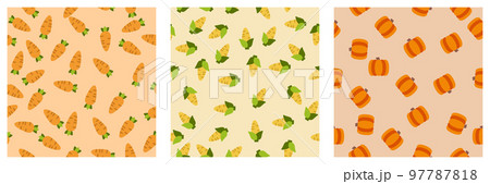 Vegetable seamless pattern set. Carrot, corn and pumpkin. Design elements for baby textile or clothes. Food print for curtain. Vector illustration 97787818