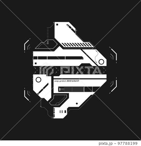 Cyberpunk arrow. Futuristic tech interface element. Cyberpunk pointer, direction. Tech arrow for design of game UI, poster, banner. GUI, FUI. Sci-fi element. Tech aesthetics. Vector 97788199