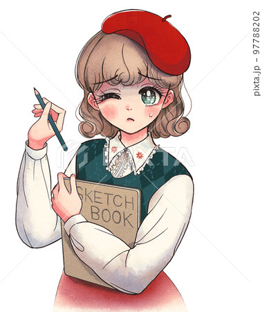 レトロイラスト・スケッチブックを持って悩む美術系学生 97788202