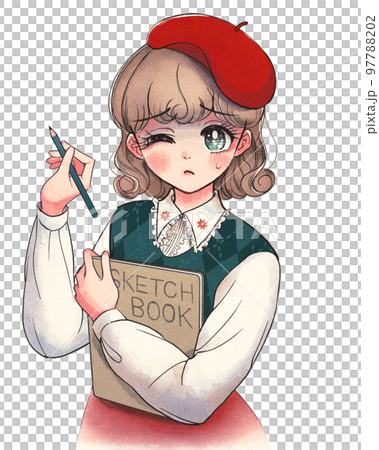 レトロイラスト・スケッチブックを持って悩む美術系学生 97788202