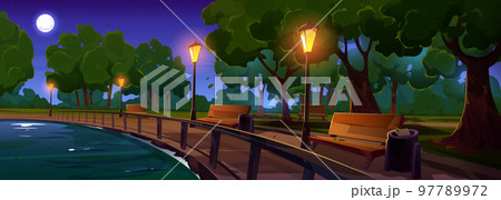 Riverside night park with benches and light posts Riverside night park with benches and light posts 97789972