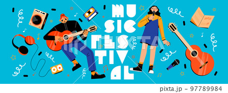 Music festival banner girls sing and play guitar Music festival banner girls sing and play guitar 97789984