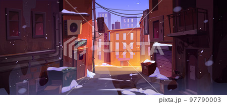 Rain at dark city corner, dirty nook puddles 97790003