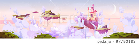 Magic castle on floating island in morning sky 97790185