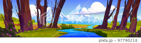 Cartoon landscape stream flow into mountain lake 97790218