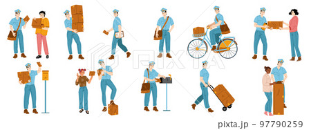 Set of postman characters delivering mail Set of postman characters delivering mail 97790259
