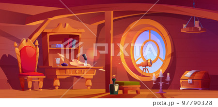 Pirate captain ship cabin, wooden room interior 97790328
