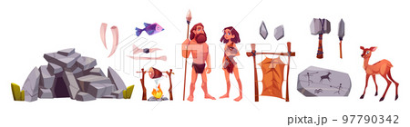 Cave man and woman, prehistoric primitive people 97790342