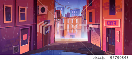Back street alley with houses, store, cafe in rain 97790343