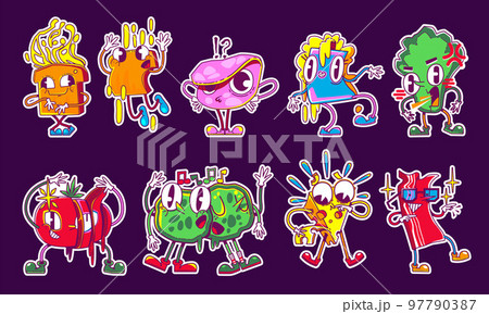 Retro stickers in y2k style, different funny food 97790387