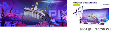 Parallax background with sunken ship underwater 97790391